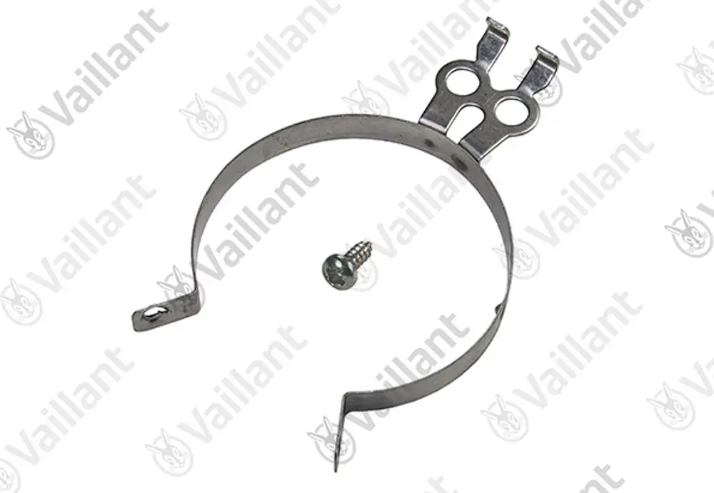 Halter aus Metall mit Schraube, geeignet für Vaillant Produkte, zur Befestigung oder Unterstützung, mit zwei seitlichen Zapfen und einer geschlossenen Ringstruktur.